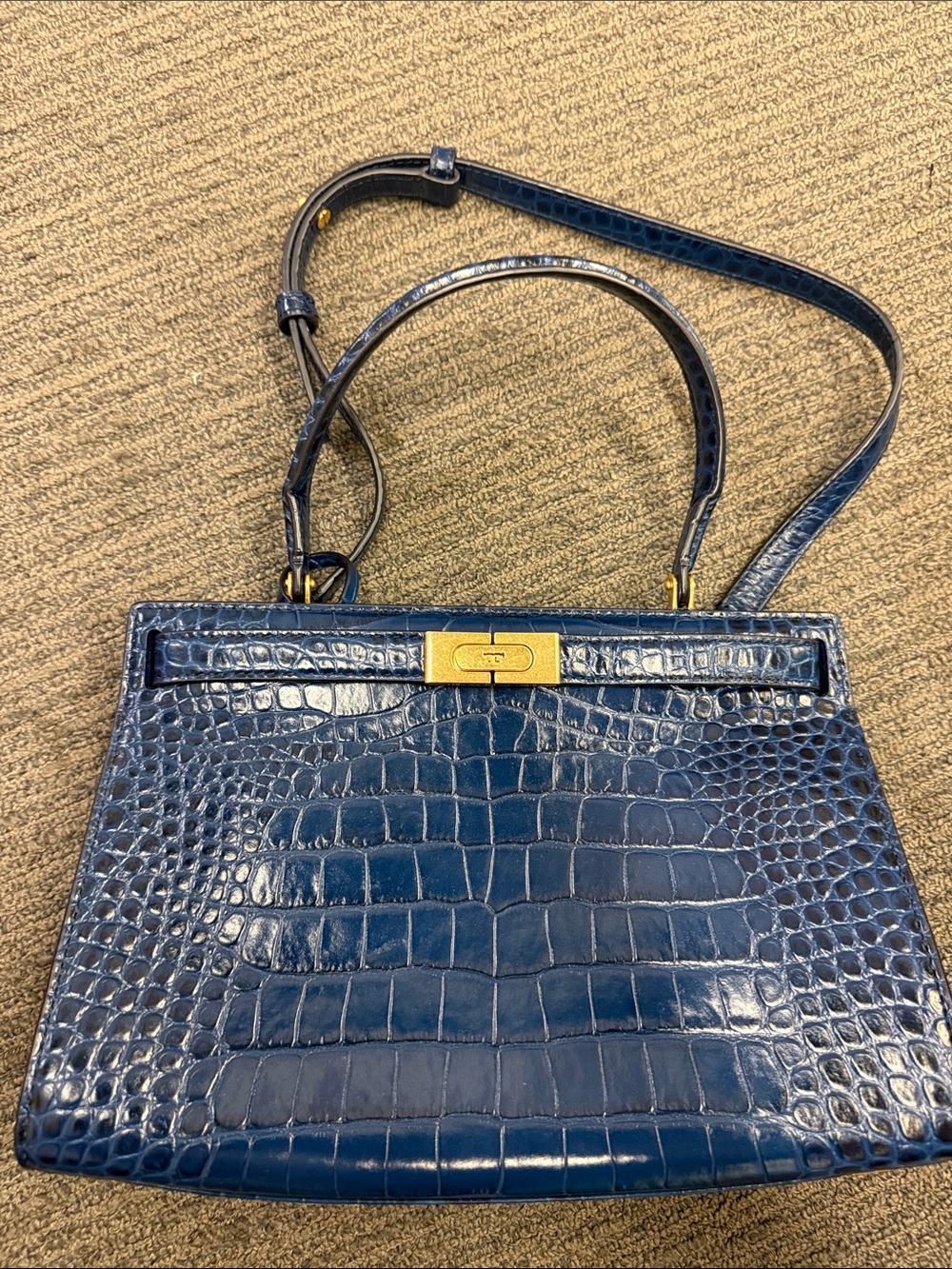 Tory Burch Navy Croc-Embossed Shoulder Bag with Gold Hardware